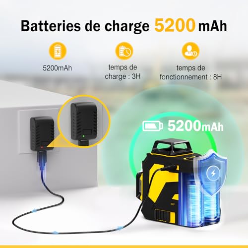 Laser Chantier Autonivelant vert 3D Niveau Laser 3x360°, Batterie Rechargeable 5200mAh, Télécommande Mode Pulsé Extérieu