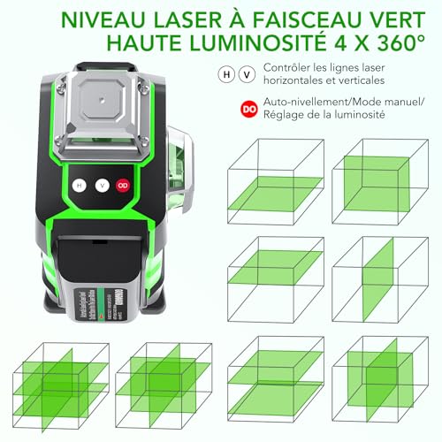 Niveau laser autonivelant FELLAT 4 x 360° pour chantier 4D 16 lignes avec batteries réchargeables 2 x 4000 mAh et téléco