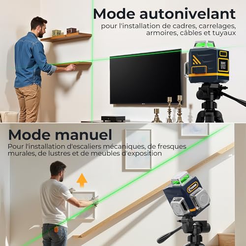 CIGMAN Niveau laser vert 3x360° automatique, 30m distance, 9h batterie Li-Ion, chantier professionnel, télécommande, sup