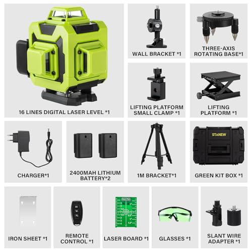 Niveau laser autonivelant STANEW 4D 360° 16 lignes vert avec télécommande intégrée et trépied