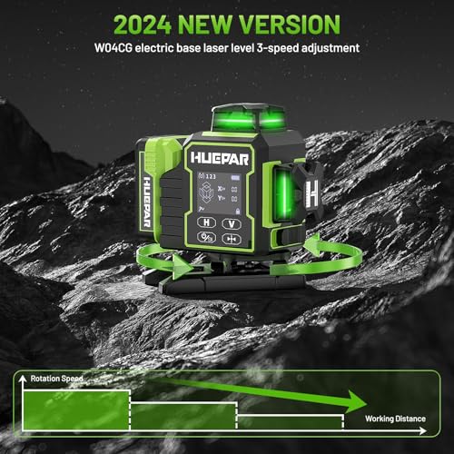 Huepar W04CG Niveau à bulle laser 4D 360° Auto-Level - Laser à lignes croisées, Écran LCD, Base moteur rotatif
