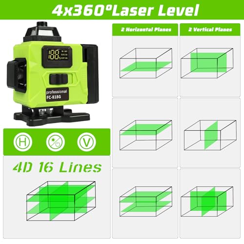 Laser Nivelant 360° Auto-nivelant Vert pour Chantier, 4D avec Affichage Numérique & Télécommande - Batterie Rechargeable
