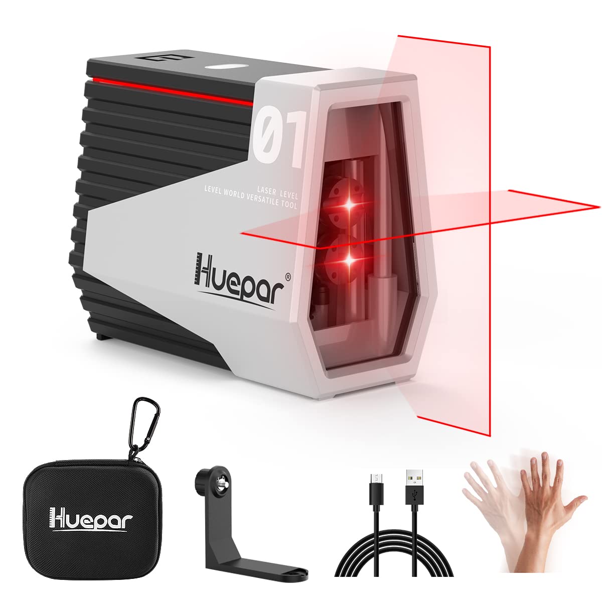 Huepar Niveau Laser Rouge Croix Auto Nivelleur Rechargeable avec Capteur de Mouvement et Mode Impulsion - E011R