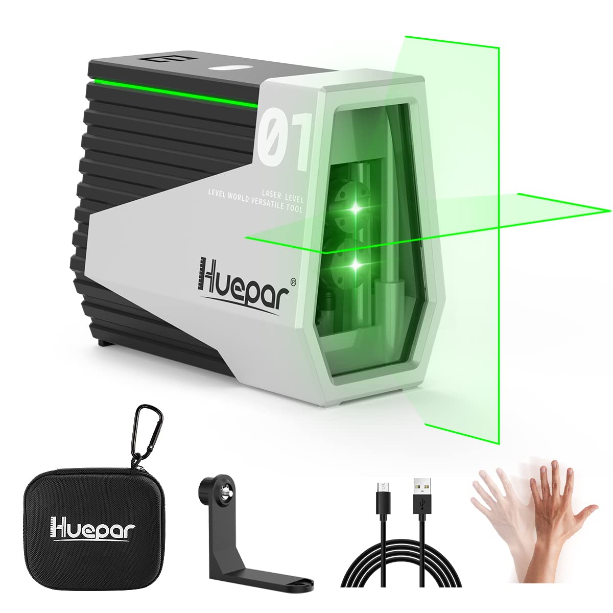 [Huepar Laser Level Self Leveling 100Ft Green Cross Line Laser Rechargeable Laser leveler Tool - Motion Sensor & Pulse M