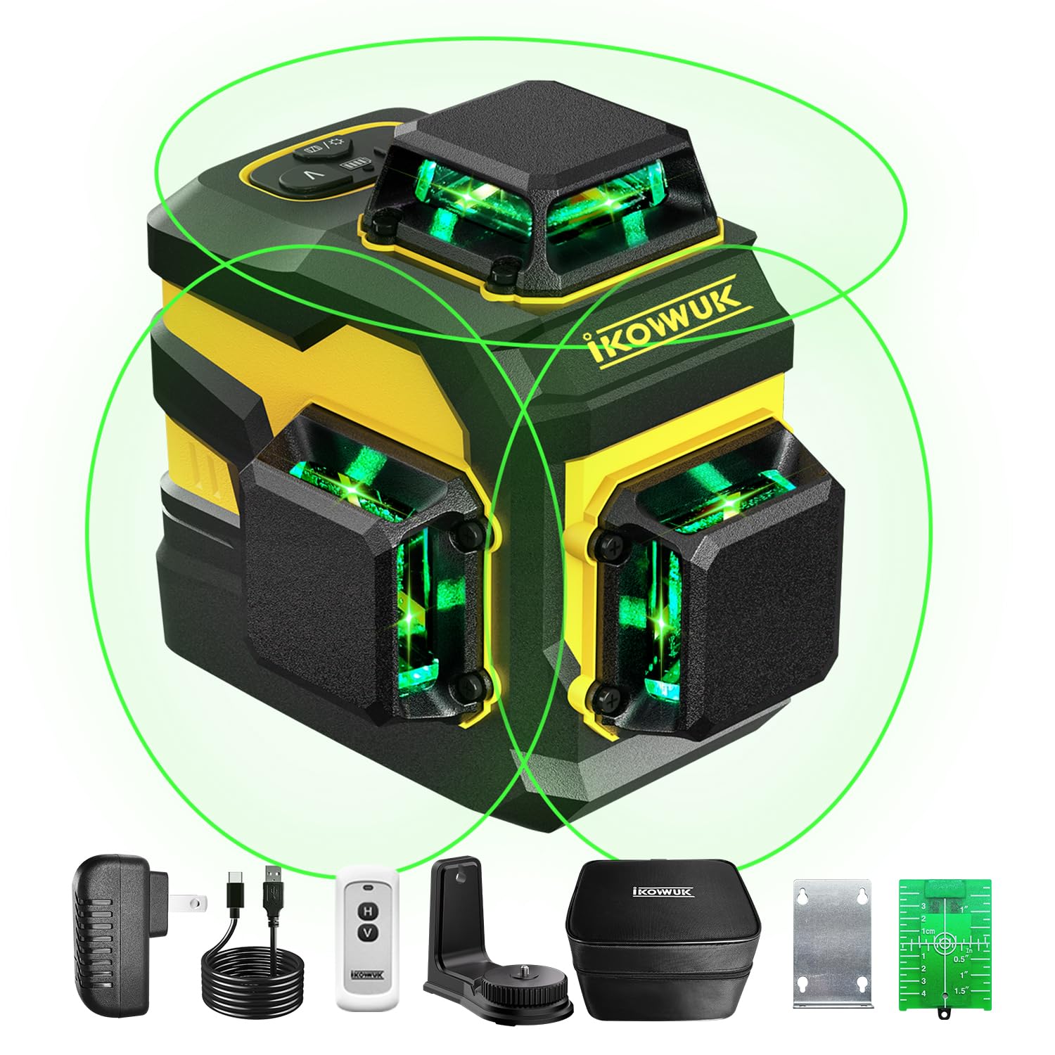Laser Chantier Autonivelant vert 3D Niveau Laser 3x360°, Batterie Rechargeable 5200mAh, Télécommande Mode Pulsé Extérieu