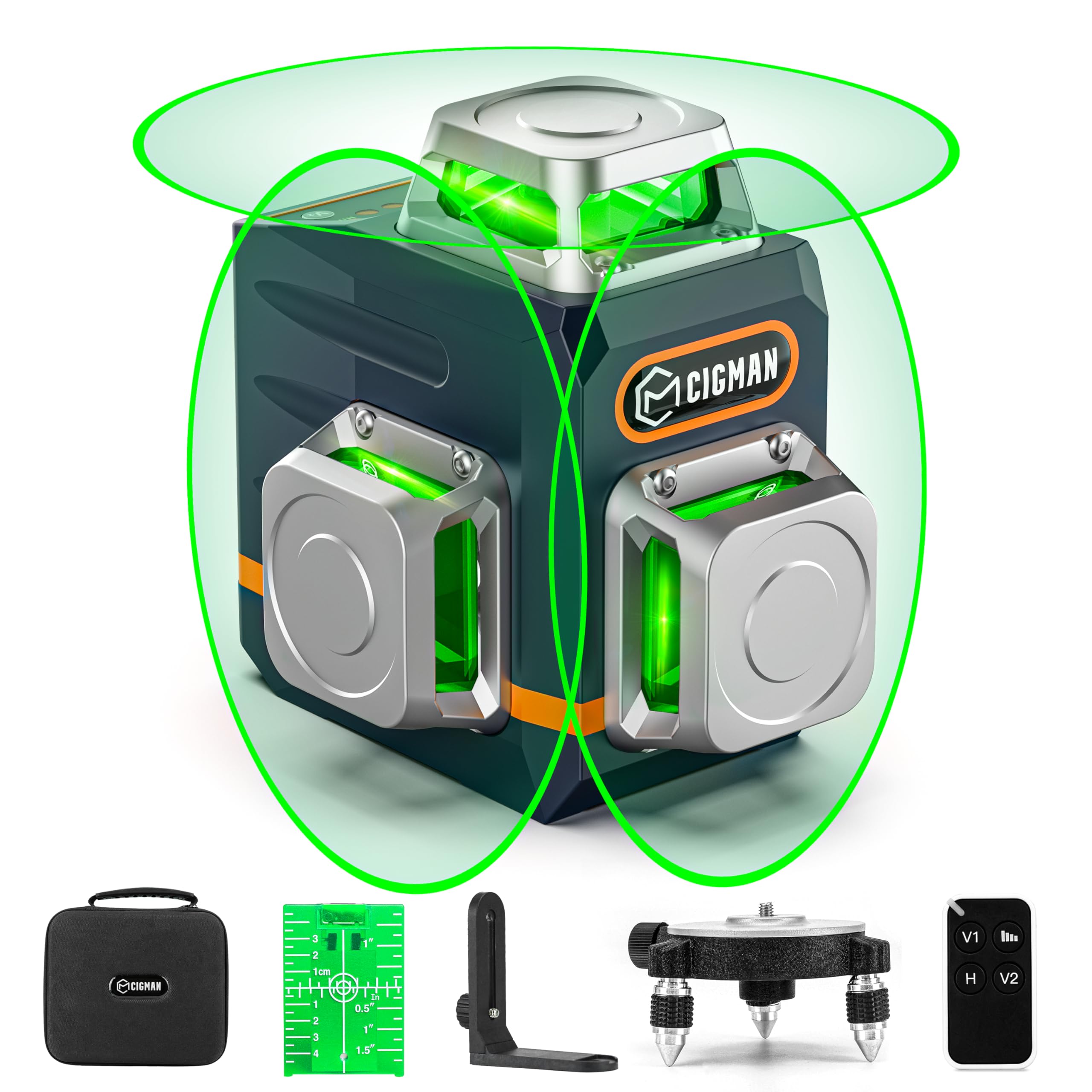 CIGMAN Niveau laser vert 3x360° automatique, 30m distance, 9h batterie Li-Ion, chantier professionnel, télécommande, sup
