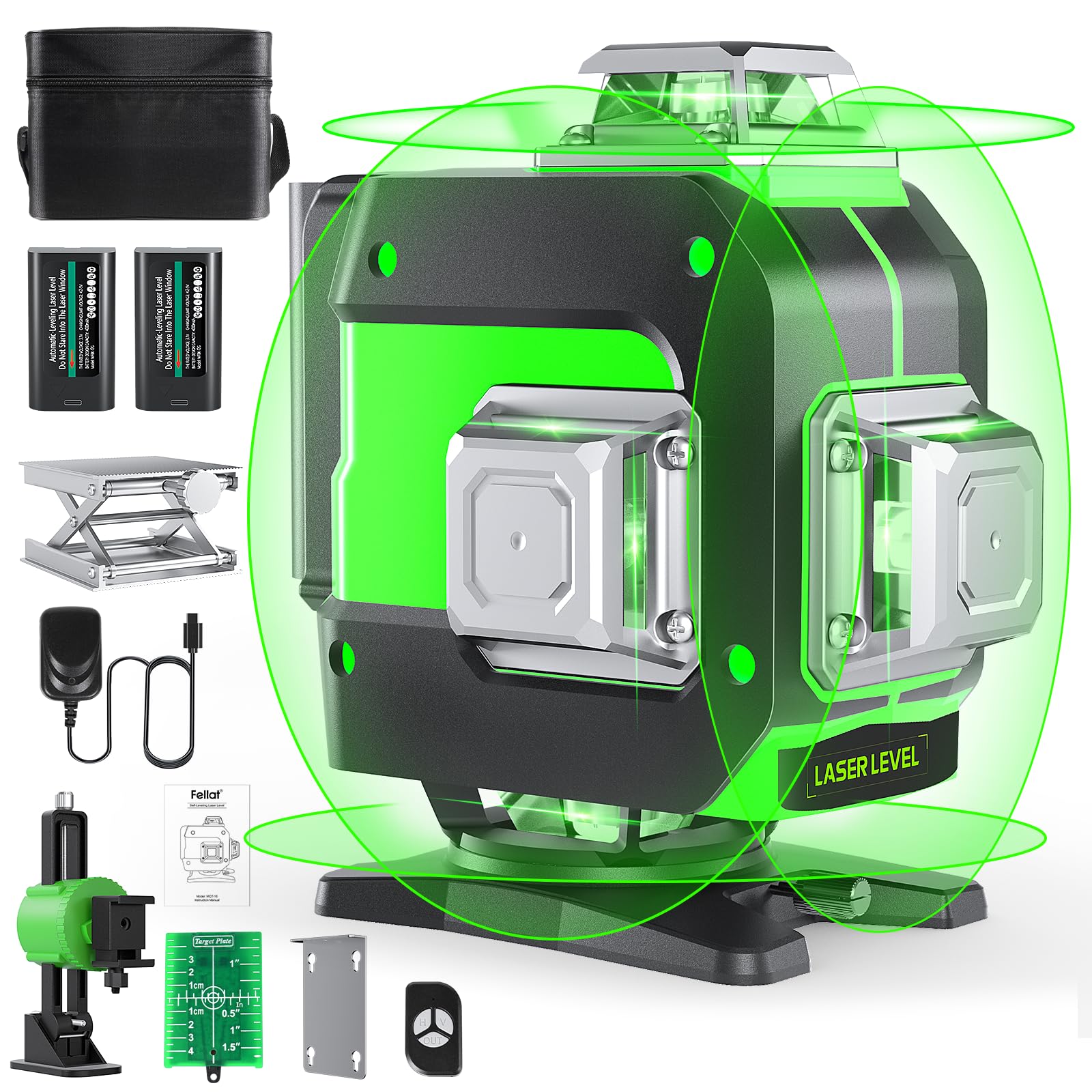 Niveau laser autonivelant FELLAT 4 x 360° pour chantier 4D 16 lignes avec batteries réchargeables 2 x 4000 mAh et téléco